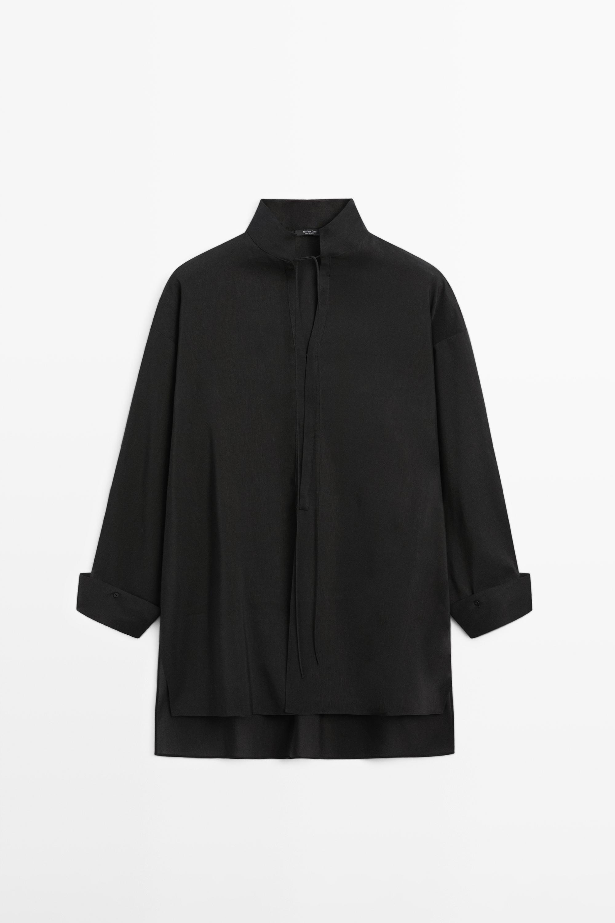 Flowing linen blend shirt with stand collar